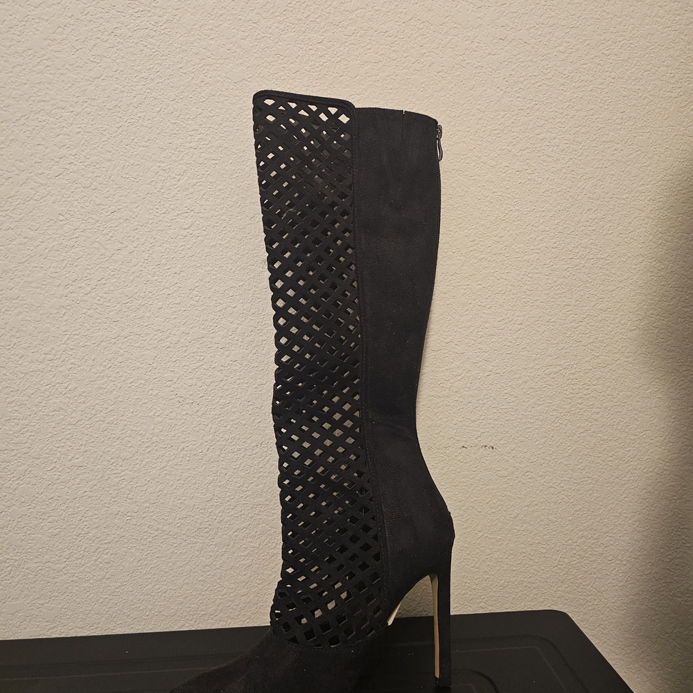 Black Suede Tall Boots With Cutout In Front